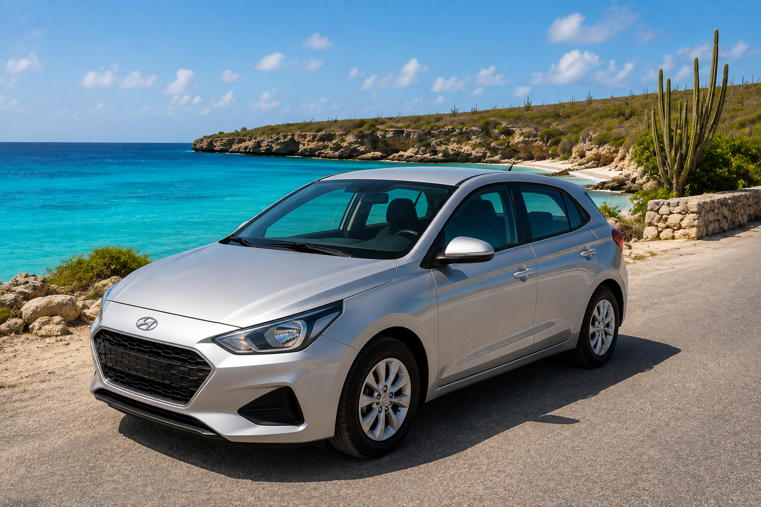 Silver hatchback rental car on the Curaçao west coast